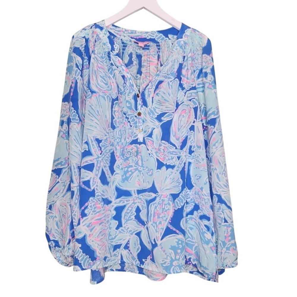 Lilly Pulitzer Elsa Top Catch the Wave Blue Pink 100% Silk Blouse Large 41773